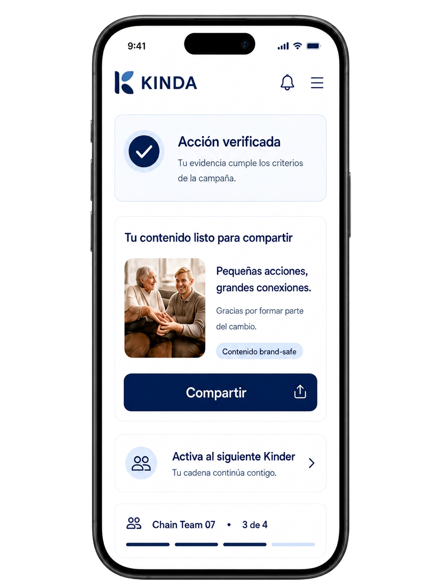 Mockup de la app KINDA en móvil mostrando una acción verificada, contenido listo para compartir y el estado de la cadena
